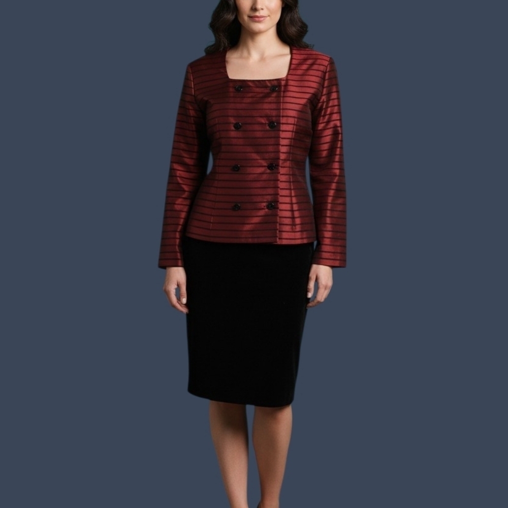 VTG POSITIVE ATTITUDE 1990s Oxblood Satin Velvet Stripe Double Breast Skirt Set